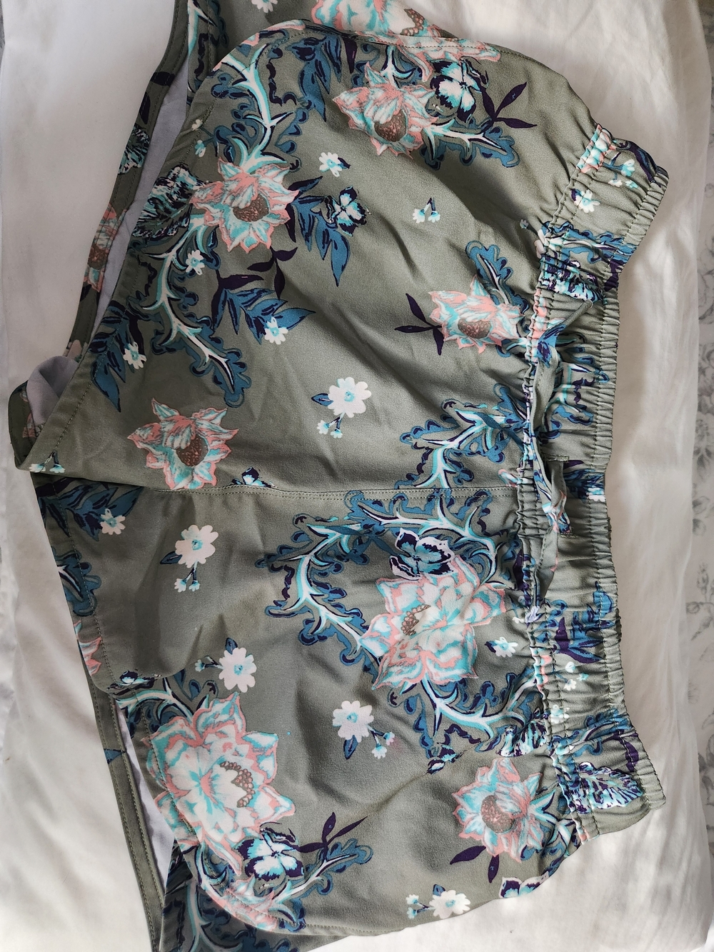 Roxy Olive Green Shorts with Pastel Blue and Pink Floral Print